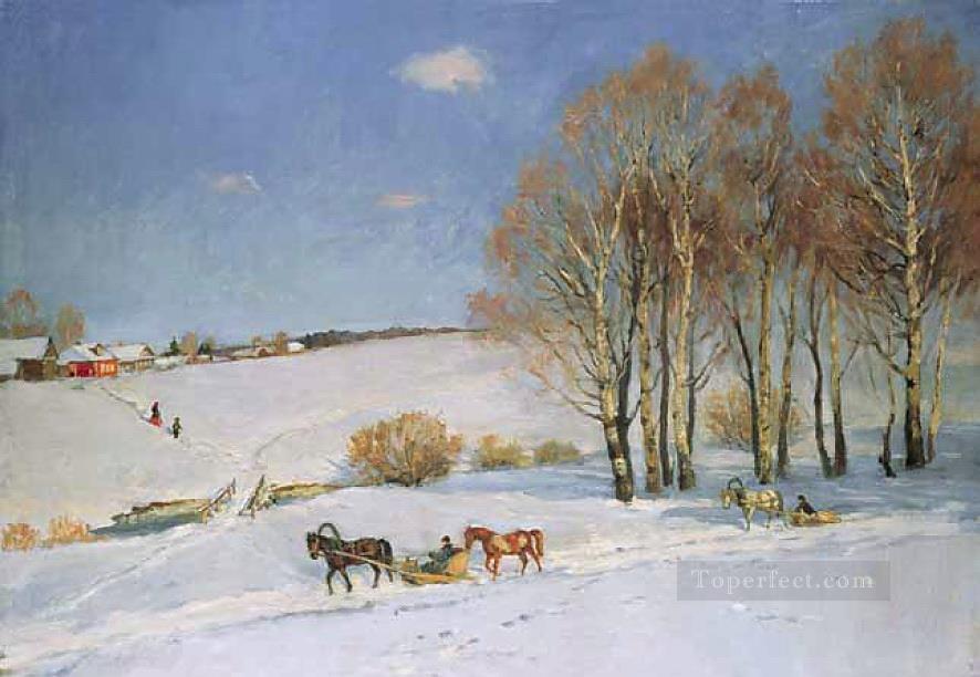 winter landscape with horse drawn sleigh 1915 Konstantin Yuon Oil Paintings